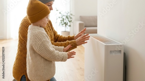 A family warming up by an electric convector heater in a cold house.