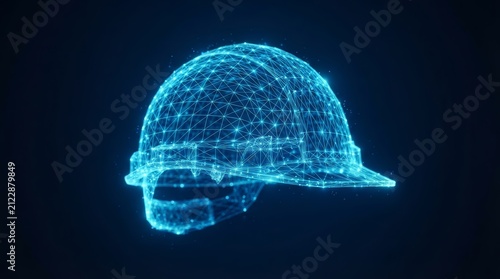 Abstract construction technology design with a glowing blue wireframe protection helmet for industrial work.