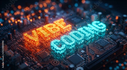 Cyberpunk aesthetic background featuring orange and blue lights on a tech circuit board.