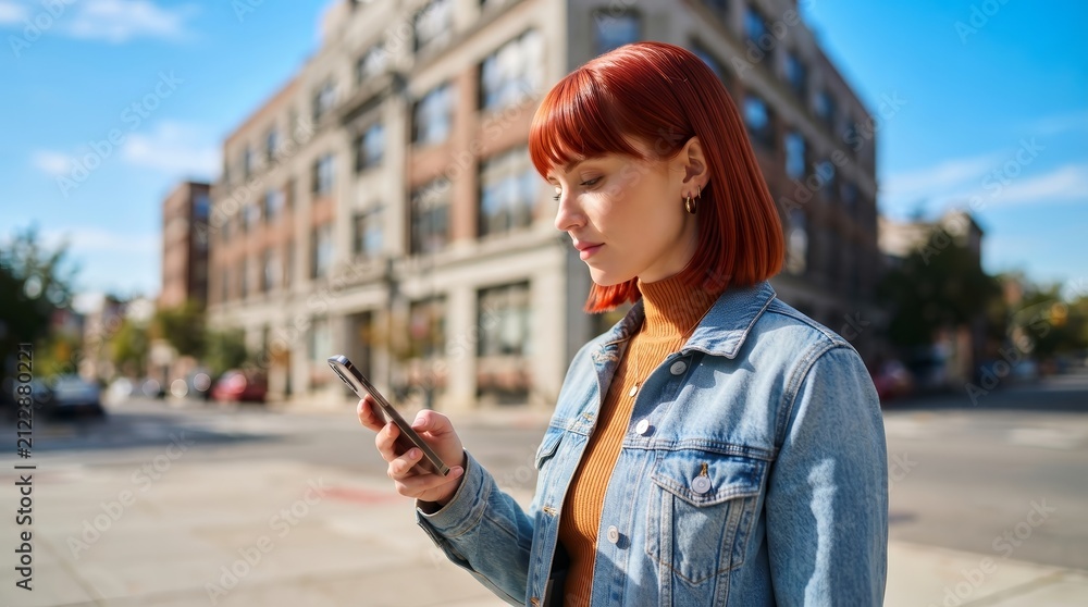 Fototapeta premium Redheaded woman in a denim jacket looking at her mobile phone in an urban setting.