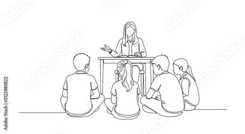 A line art illustration depicts a teacher interacting with a small group of students