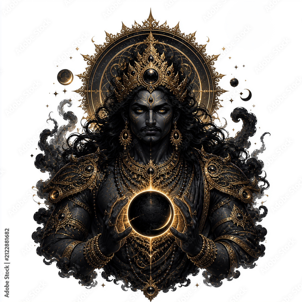 Fototapeta premium Cosmic deity with black sun eclipse celestial crown and mystical smoke
