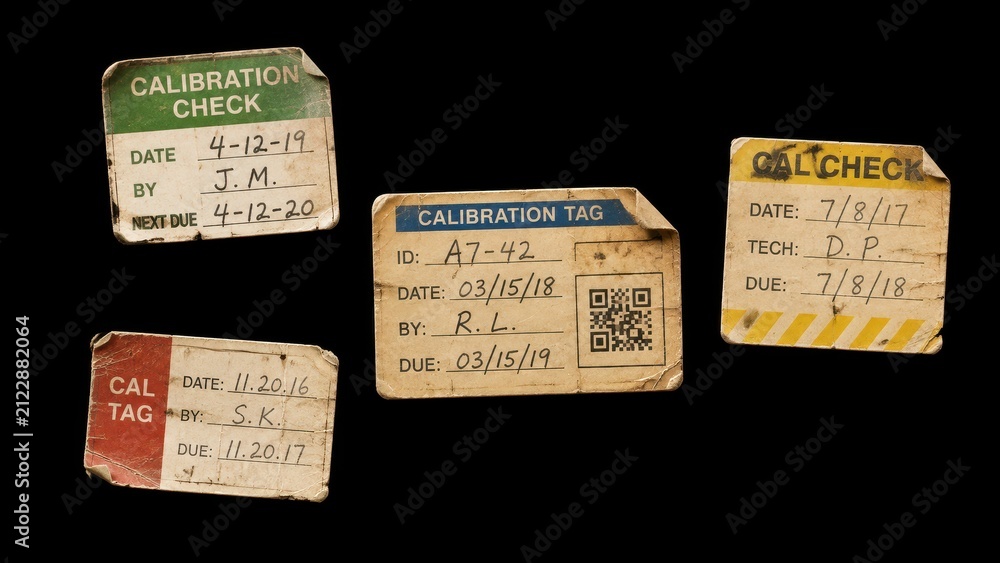 Naklejka premium Worn calibration and inspection tags isolated on black background