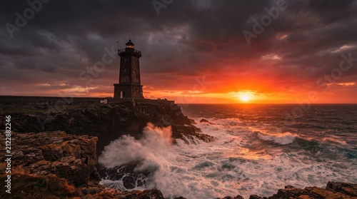 Dramatic ocean waves crashing against lighthouse on rocky cliffs at sunset with lighthouse