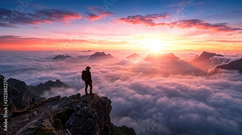 Hiker standing on mountain cliff edge looking over sea of clouds at sunset with mountain