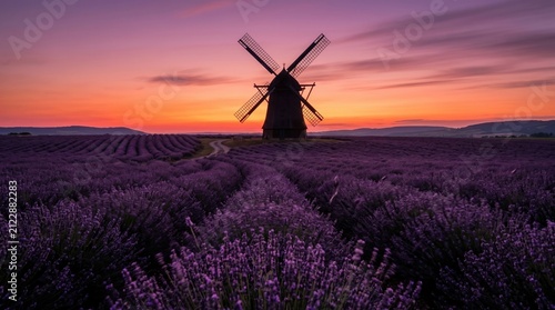 Old rustic windmill in blooming lavender field at dramatic purple sunset with windmill