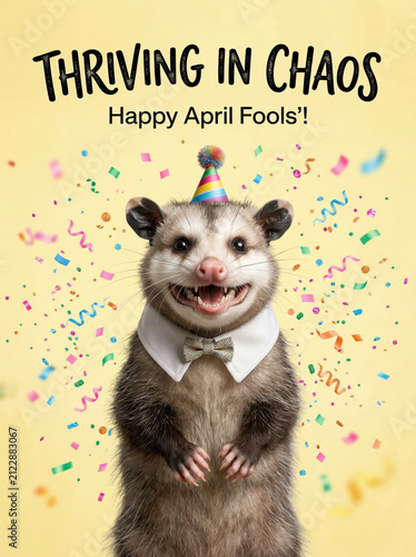 Smiling opossum in party hat greeting card design for april fools' day with confetti background for poster and social media
