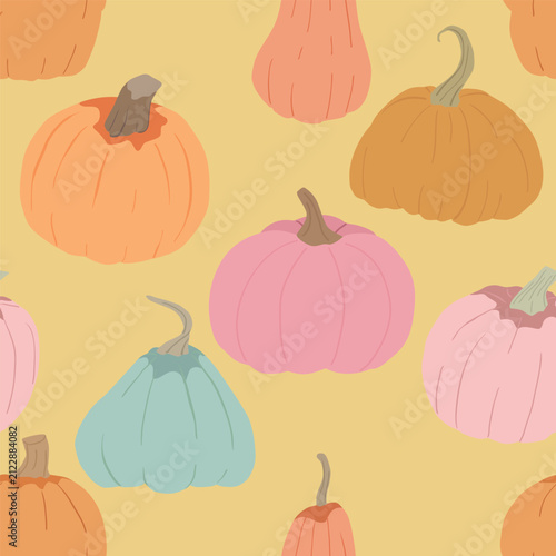 Vector autumn pumpkins. Halloween seamless pattern on yellow background.