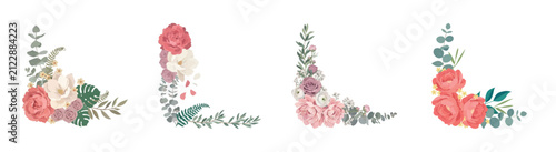 Set of elegant floral frame corners with roses magnolia leaves and assorted wildflowers.