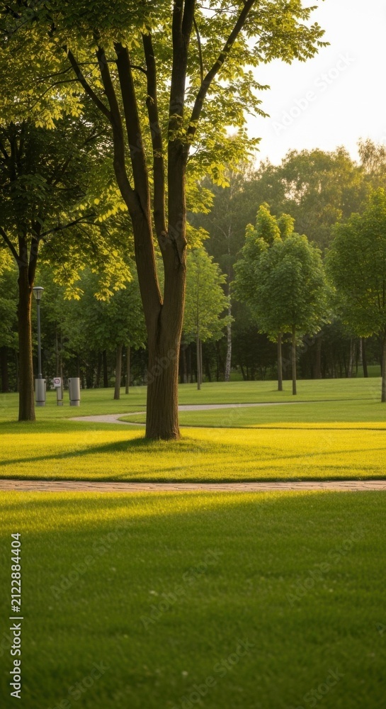 Obraz premium Serene Park Landscape During Golden Hour With Lush Green Grass