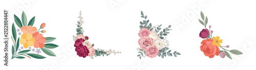 Set of isolated corner floral arrangements with leaves and flowers on transparent background.