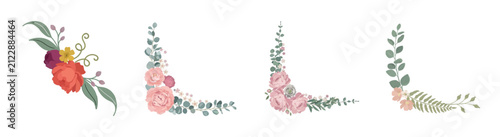 Set of four isolated corner floral arrangements with roses and green leaves on transparent background.