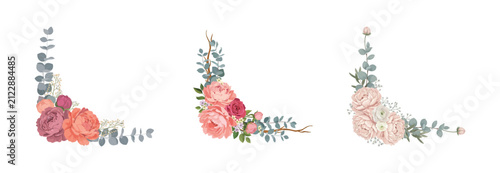 Set of three isolated corner floral arrangements with roses and eucalyptus on transparent background.