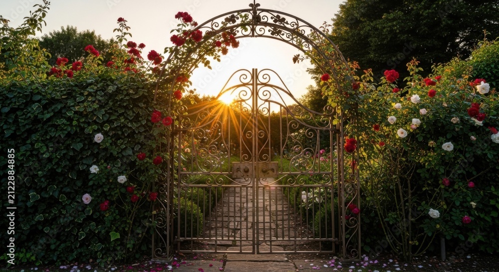 Fototapeta premium Ornate Garden Gate Opens To Breathtaking Sunset Vista
