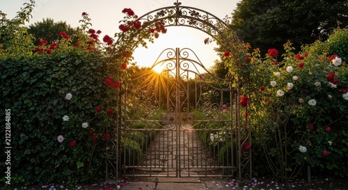 Ornate Garden Gate Opens To Breathtaking Sunset Vista
