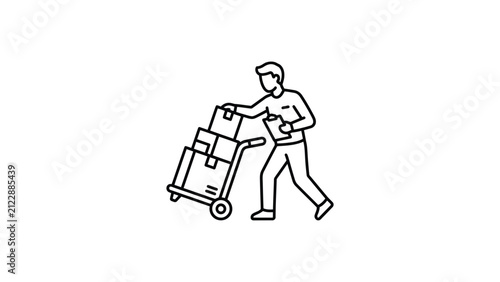 Принти на полотні Delivery man pushing trolley with boxes, logistics and shipping icon, simple lin