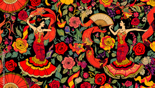 Vibrant Spanish flamenco dancers in red dresses amidst a rich floral pattern with roses and traditional fans on a black background.