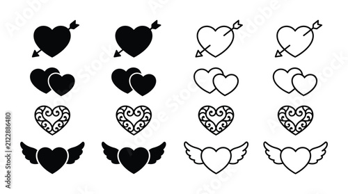 Heart Shapes Collection Black Silhouette Icons On White Background