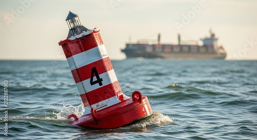 Red navigation buoy number 4 floating in ocean water with ship in background