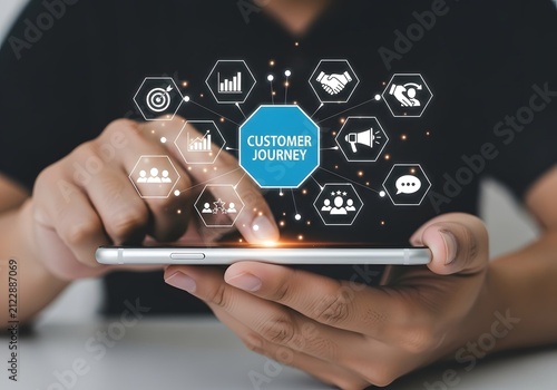 Person using a smartphone to navigate a digital customer journey map with business icons
