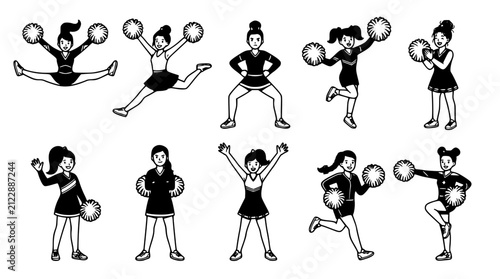 Quadro su tela Cheerleader girl character icon set with pom poms performing energetic jumps stu