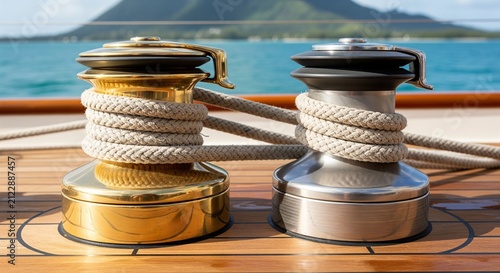 Golden brass sailboat winches wrapped with ropes on wooden deck