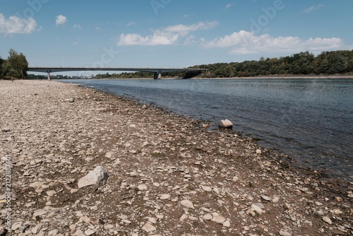 Blick über den Rhein bei sehr niedrigem Wasser wegen Trockenheit
