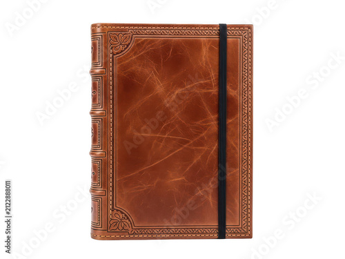 Vintage brown leather journal with elastic band isolated on transparent background