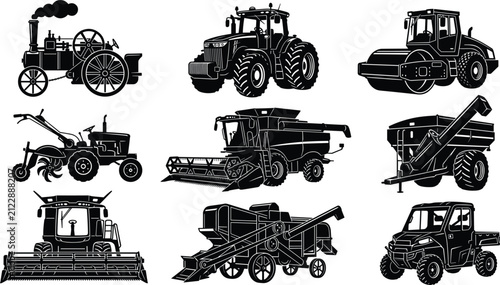 Heavy agricultural machinery set with tractors combine harvester steam engine roller tillers grain cart utility vehicle vector