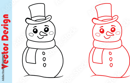 Two cheerful snowmen wearing top hats and scarves, one outlined in black and.