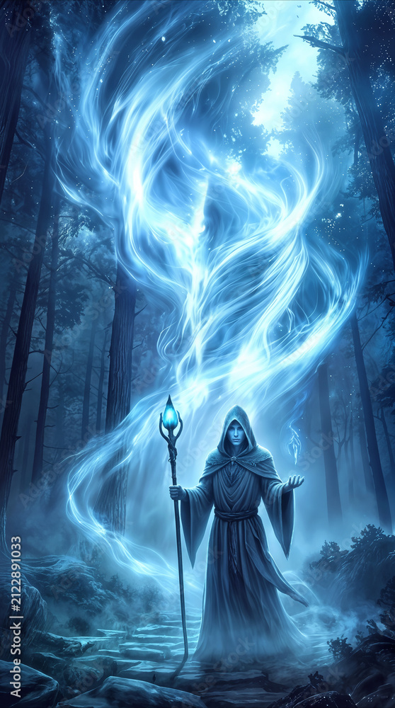 Naklejka premium Cloaked wizard summoning ethereal blue energy in misty nocturnal forest. Sorcerer holding magic staff and channeling spiritual light in dark woodland.