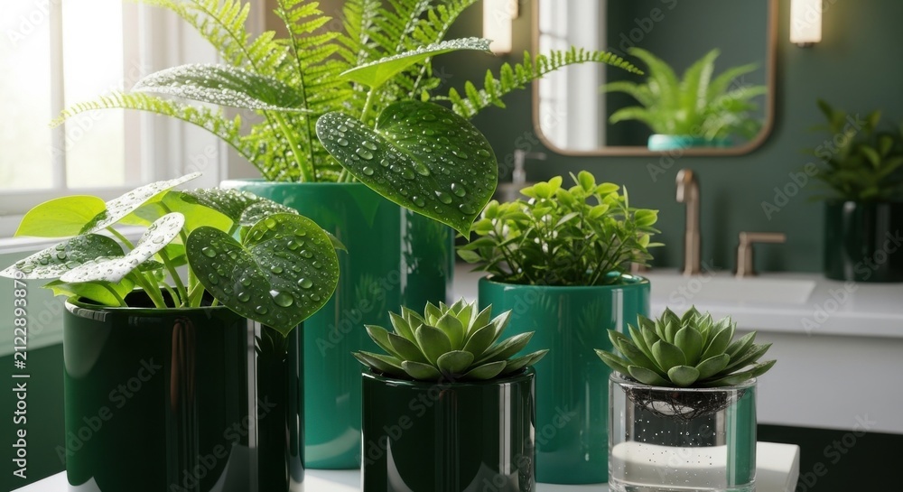 Fototapeta premium Indoor Potted Plants Adorned With Water Droplets In A Modern Bathroom