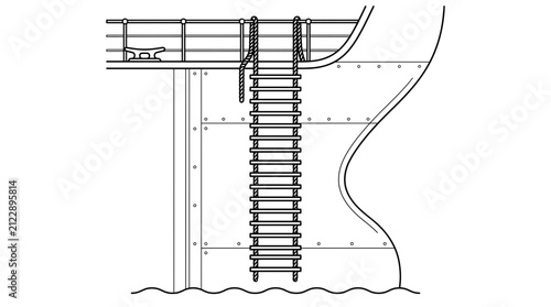 Technical line drawing of a pilot ladder hanging on the side of a ship hull.
