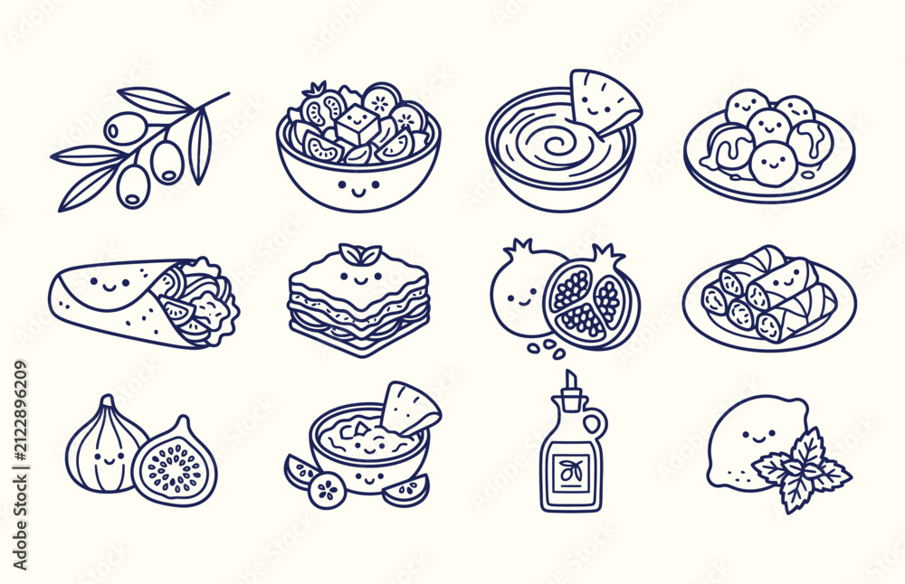 Obraz premium Mediterranean cuisine icons set in minimalist style for restaurant branding