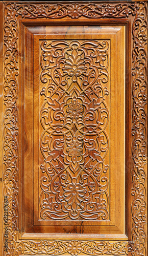 Принти на полотні Close up of a traditional carved wooden door panel featuring intricate floral ornaments and handcrafted decorative details