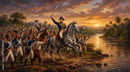 Historical scene of an equestrian military commander leading troops by a river at sunset