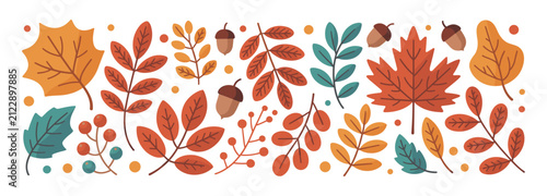 Flat set of autumn foliage, including maple leaves, oak leaves, berries, and acorns in a warm color palette of orange, red, brown, and teal on a white background