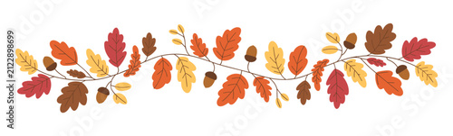 Horizontal garland of autumn oak leaves and acorns in flat style, featuring red, orange, yellow, and brown foliage on a white background