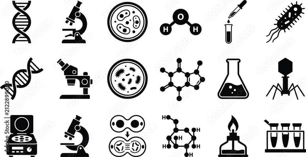Naklejka premium Scientific Icons Collection Dna Microscope Cells And Chemical Structures