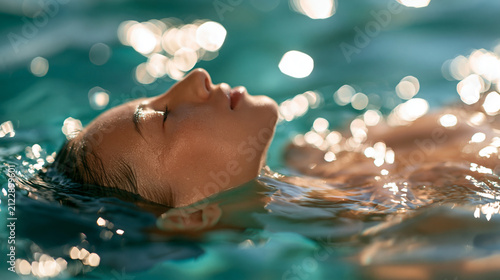 Bright tranquil tropical water scene, young faceless woman blissfully floating on her back, glowing turquoise water under sunlight, soft reflections on skin, with copy space
