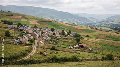 Rustic mountain village in a green valley, traditional stone houses in a rural landscape, scenic countryside with rolling hills and agricultural fields