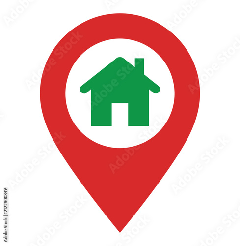 Fotografie House Location Pin: A bright red location pin, symbolizing a pinpointed spot on a map, encapsulates a simple green house icon, indicating a home address or a real estate destination