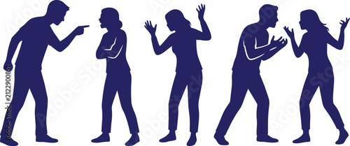 Принти на полотні Silhouettes of couples in conflict arguing and fighting with conflict argument f