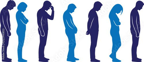 Cuadro en lienzo Lineup of sad and depressed people standing with heads down depression standing