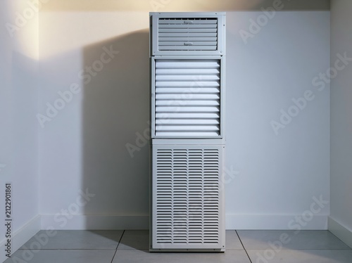 Vertical air handler unit in a utility closet with soft light from above