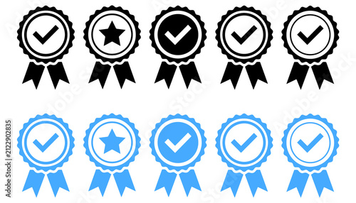 Принти на полотні Set of five black and five blue ribbons with checkmarks and one star badge