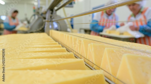 Cheese wire cutting frame portioning a block in sharp focus and blurred packaging workers behind. Concept of dairy packaging production.