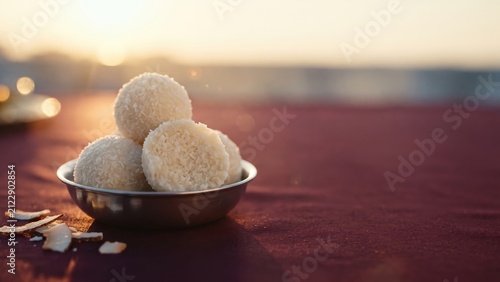 Traditional Coconut Ladoo Dessert – Indian Festive Sweet for Vrat Celebration with Elegant Copy Space