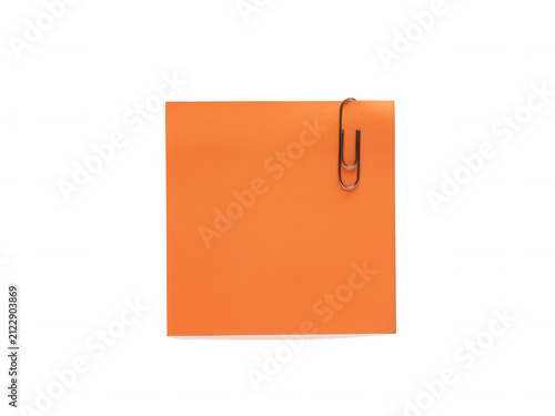 Single vibrant orange square sticky note with a metal paper clip isolated on transparent background for branding