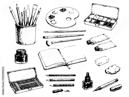 Hand Drawn Art Supplies and Drawing Tools Set